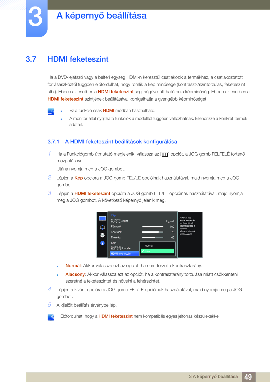 Samsung LS27E591CS/EN manual Hdmi feketeszint beállítások konfigurálása 