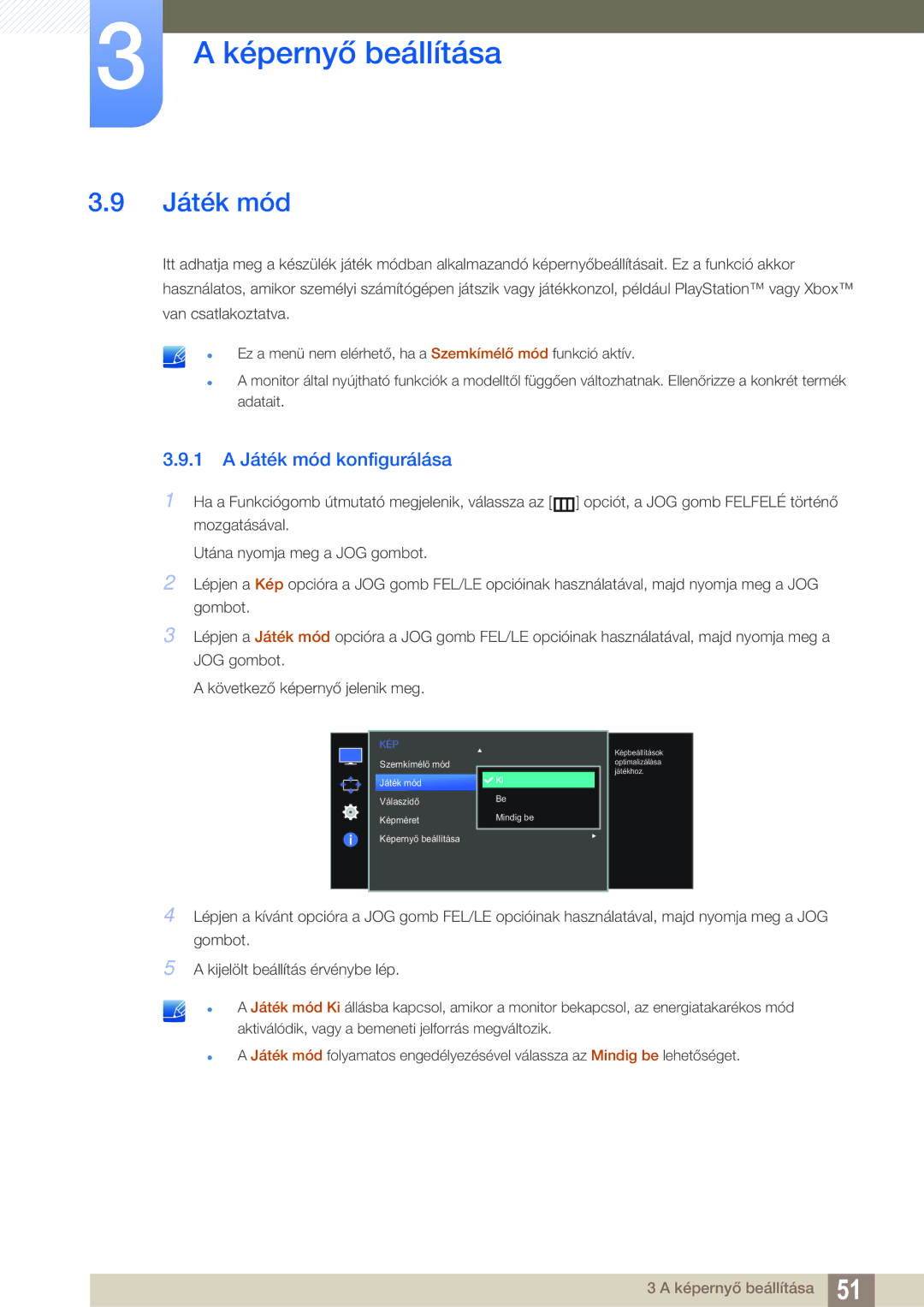 Samsung LS27E591CS/EN manual 1 a Játék mód konfigurálása 