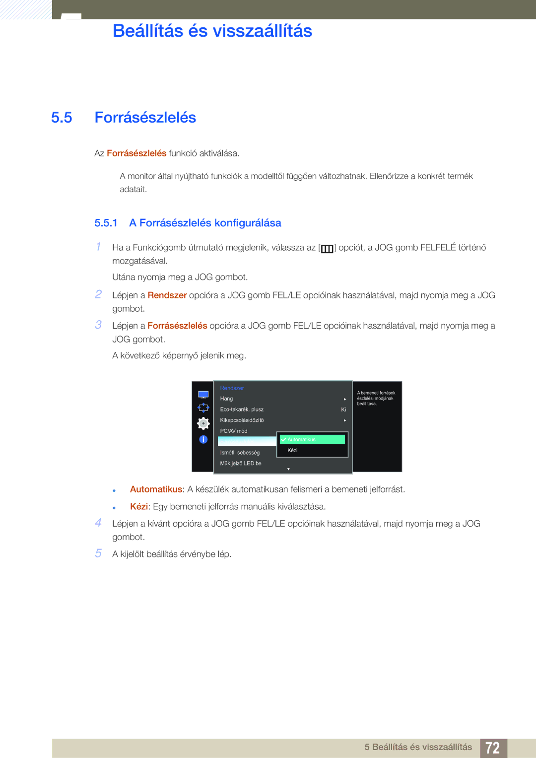 Samsung LS27E591CS/EN manual Forrásészlelés konfigurálása 