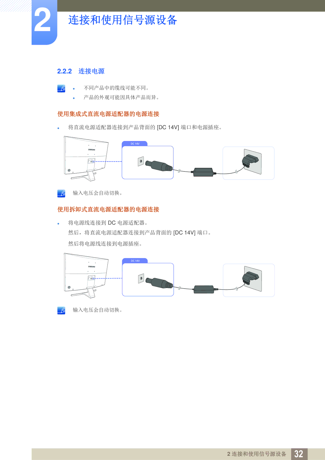 Samsung LS27E591CS/EN manual 2 连接电源, 使用集成式直流电源适配器的电源连接, 使用拆卸式直流电源适配器的电源连接 