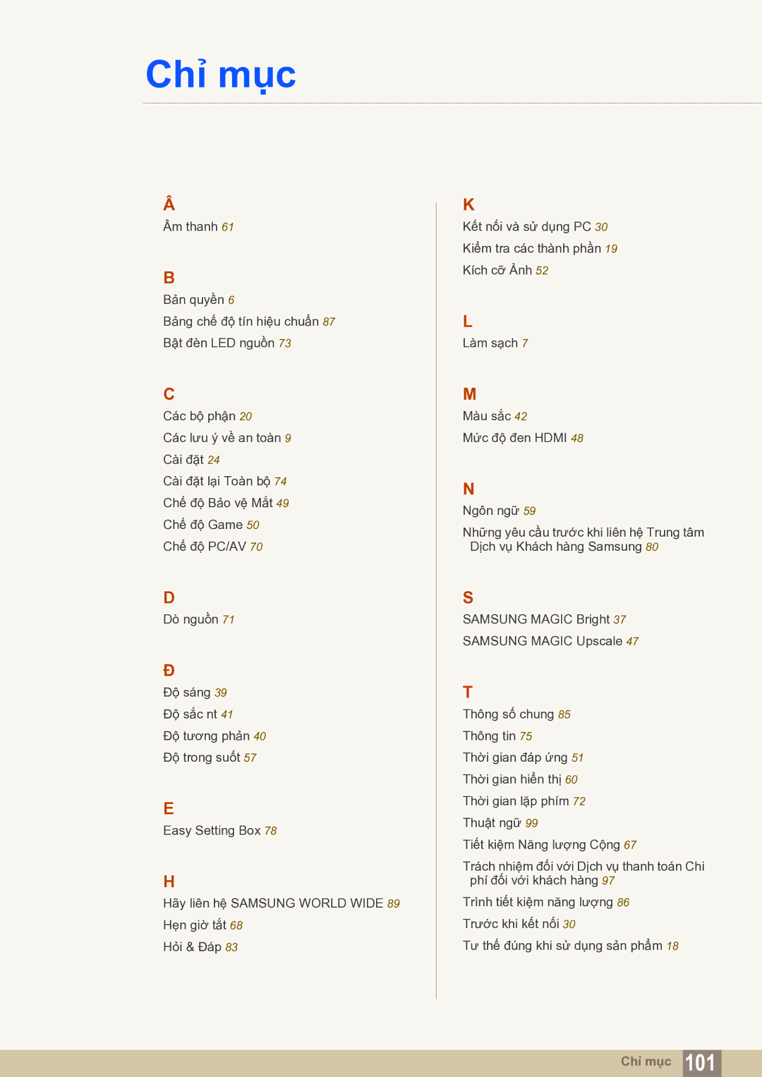 Samsung LS27E591CS/XV manual Chỉ mục 