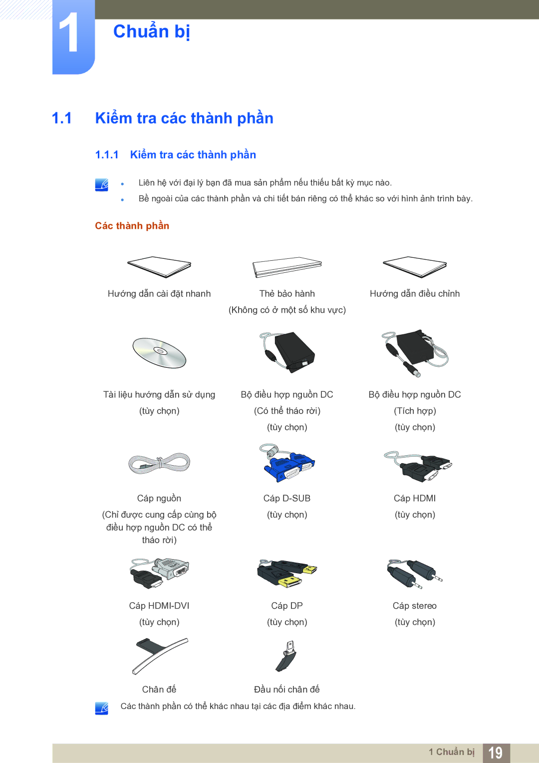 Samsung LS27E591CS/XV manual Chuẩn bị, 1 Kiểm tra các thành phần, Các thành phần 