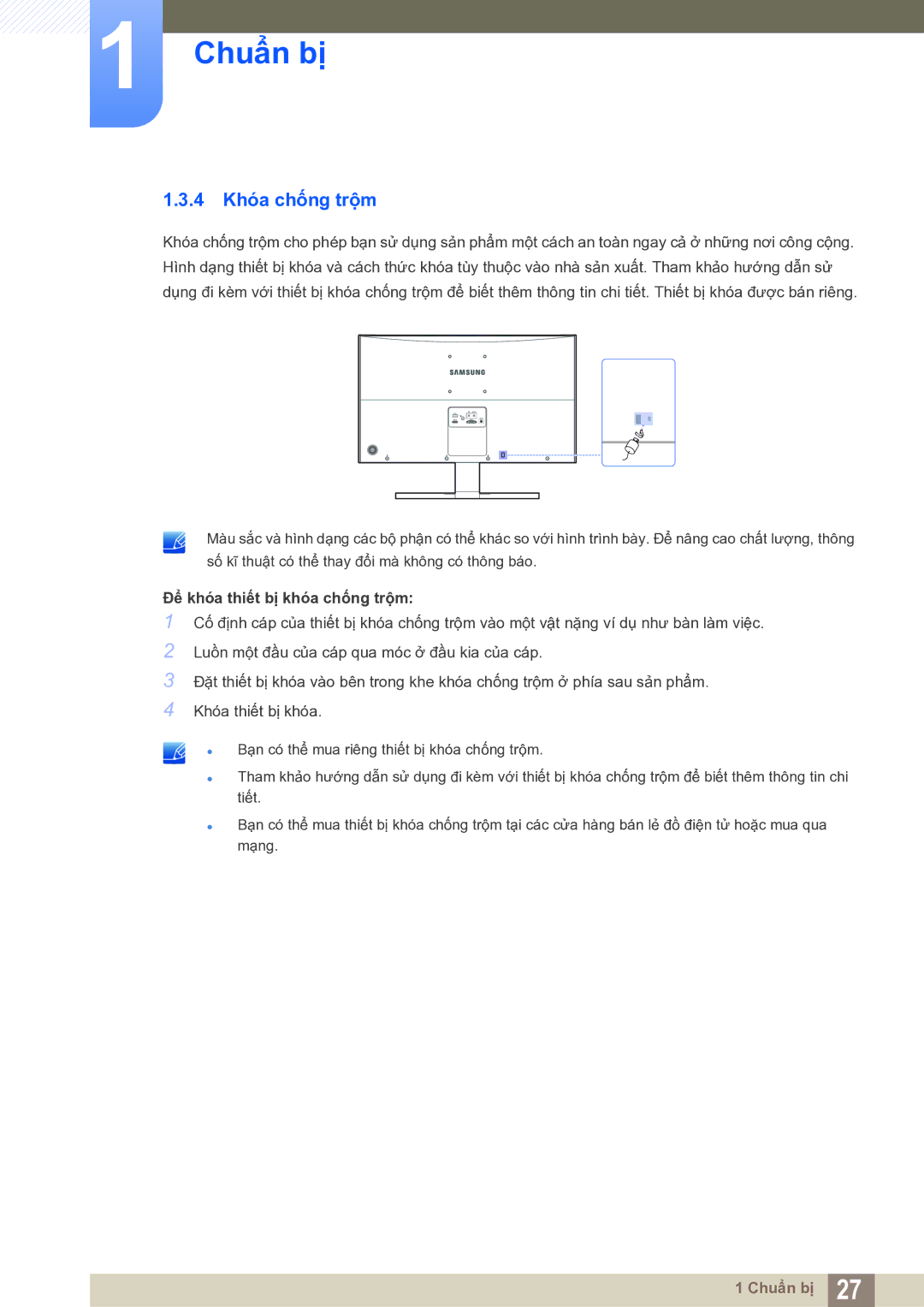 Samsung LS27E591CS/XV manual 4 Khóa chống trộm, Để khóa thiết bị khóa chống trộm 