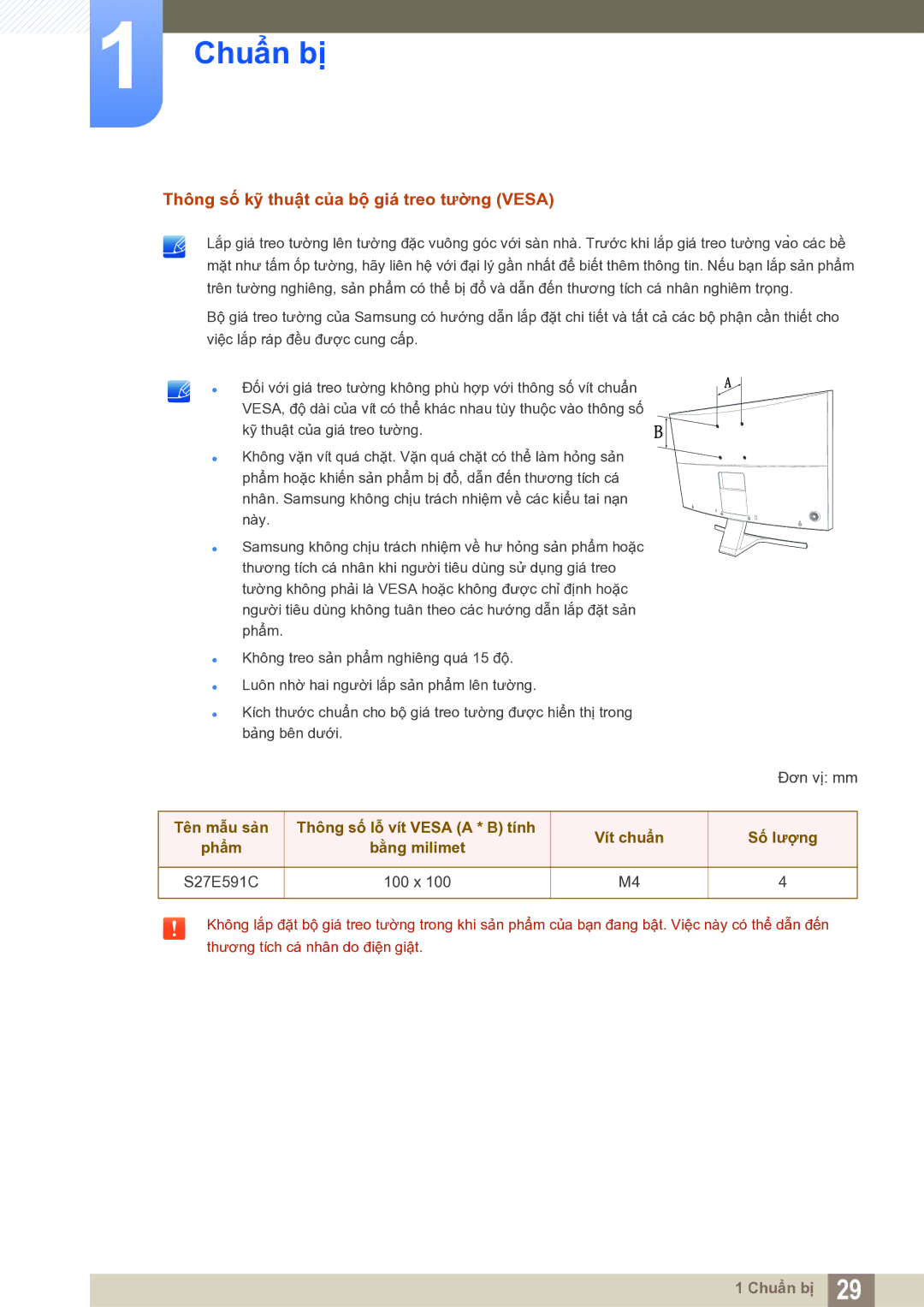 Samsung LS27E591CS/XV manual Thông số kỹ thuật của bộ giá treo tường Vesa, S27E591C 100 x 