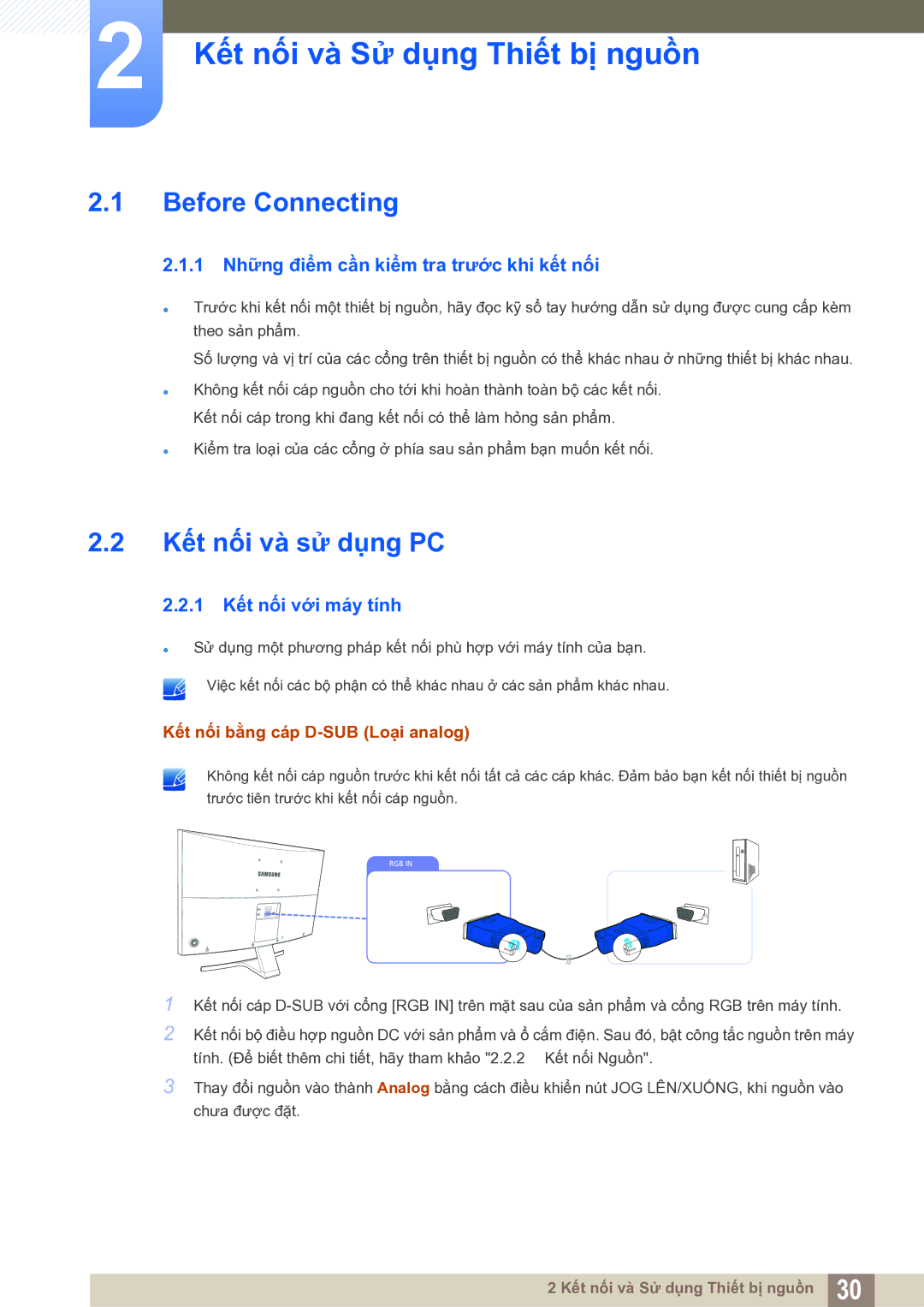 Samsung LS27E591CS/XV Kết nối và Sử dụng Thiết bị nguồn, Before Connecting, Kết nối và sử dụng PC, 1 Kết nối với máy tính 