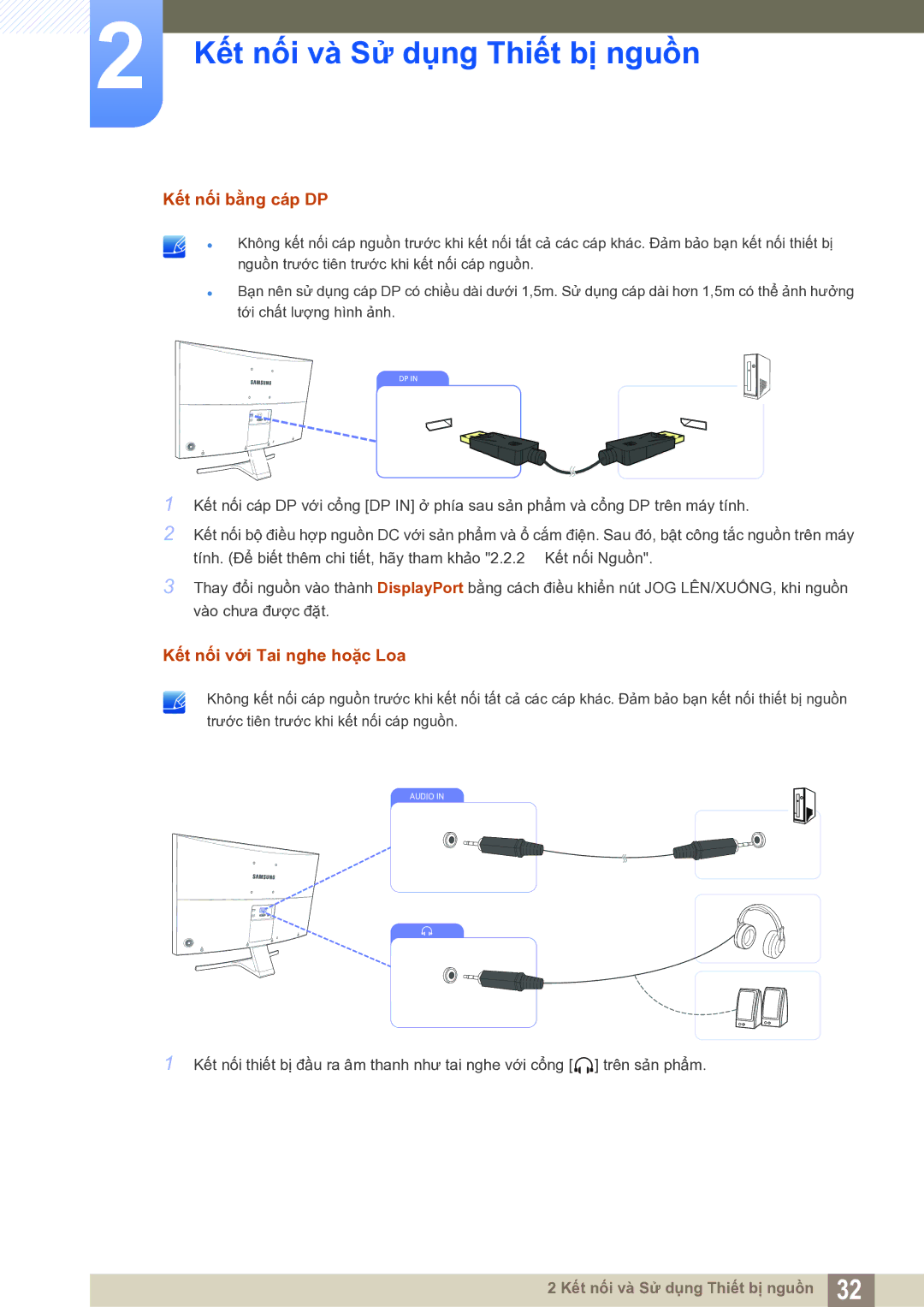 Samsung LS27E591CS/XV manual Kết nối bằng cáp DP, Kết nối với Tai nghe hoặc Loa 