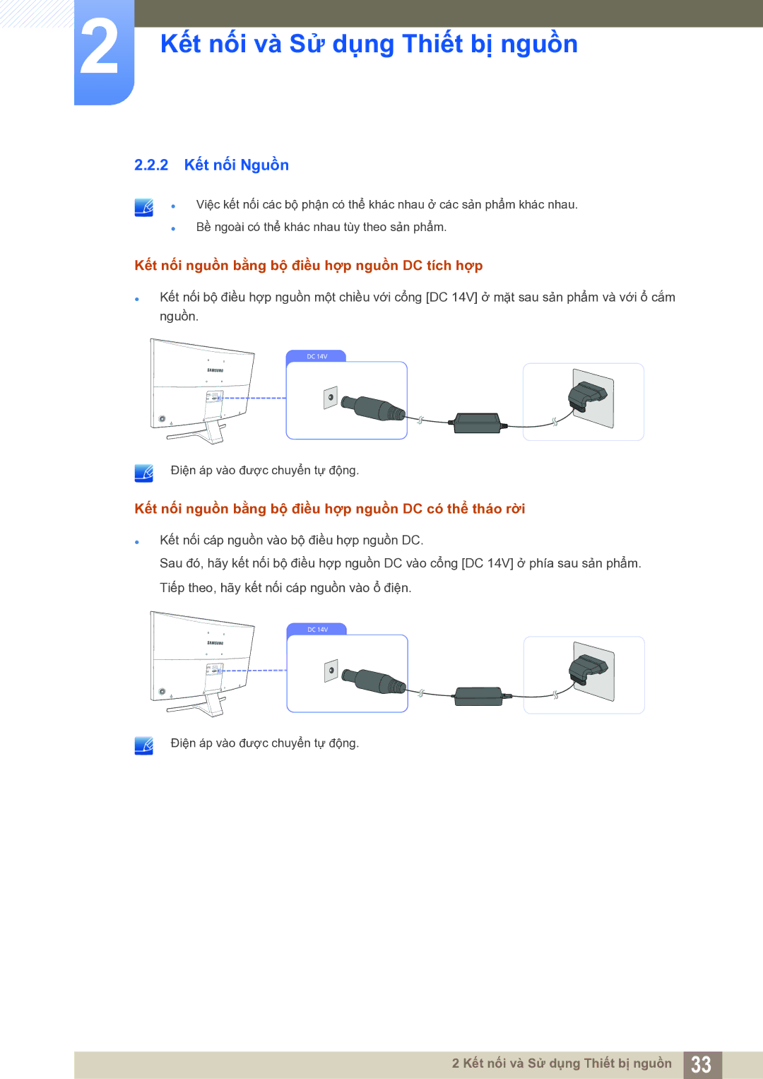 Samsung LS27E591CS/XV manual 2 Kết nối Nguồn, Kết nối nguồn bằng bộ điều hợp nguồn DC tích hợp 