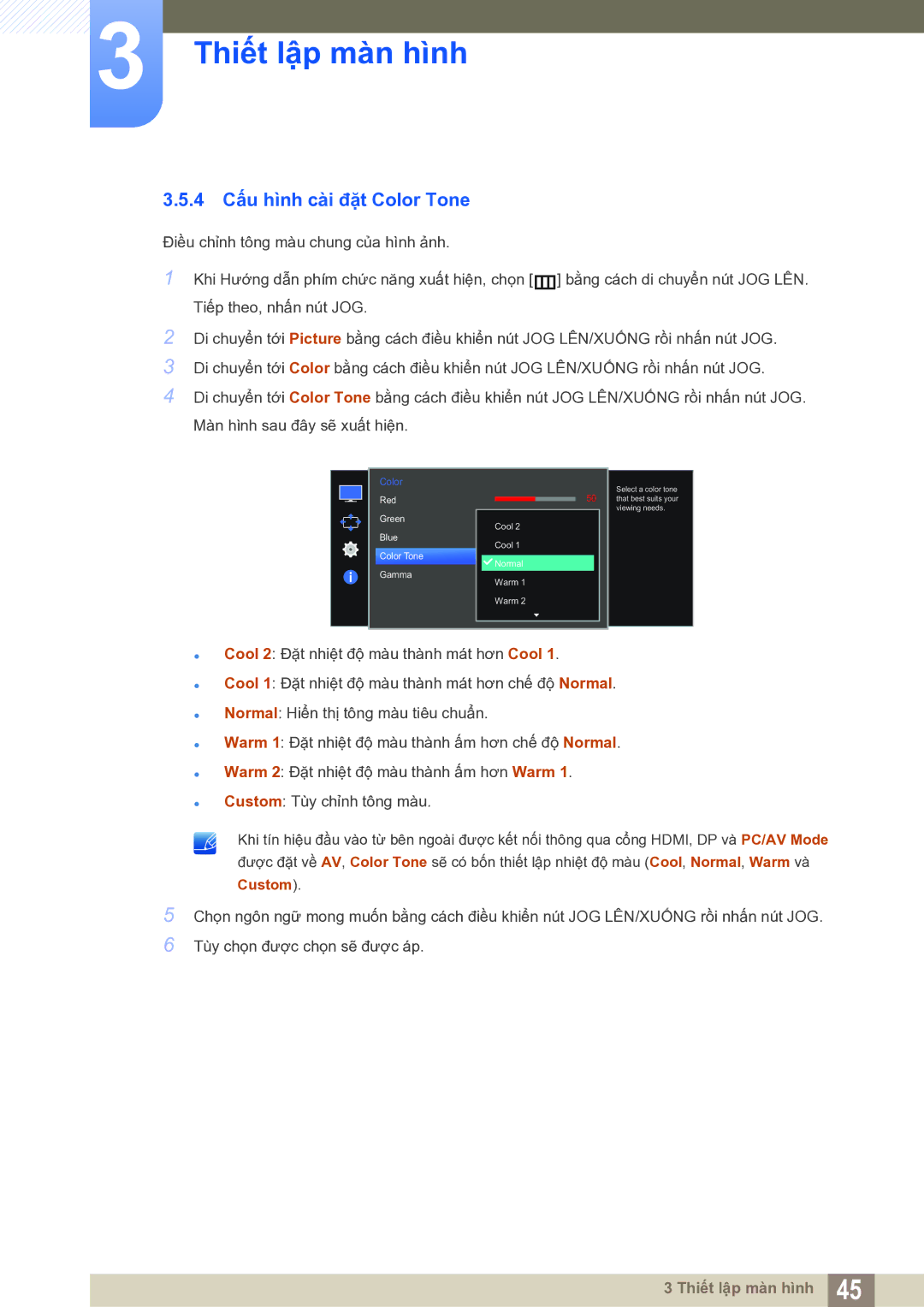 Samsung LS27E591CS/XV manual 4 Cấu hình cài đặt Color Tone, Custom 