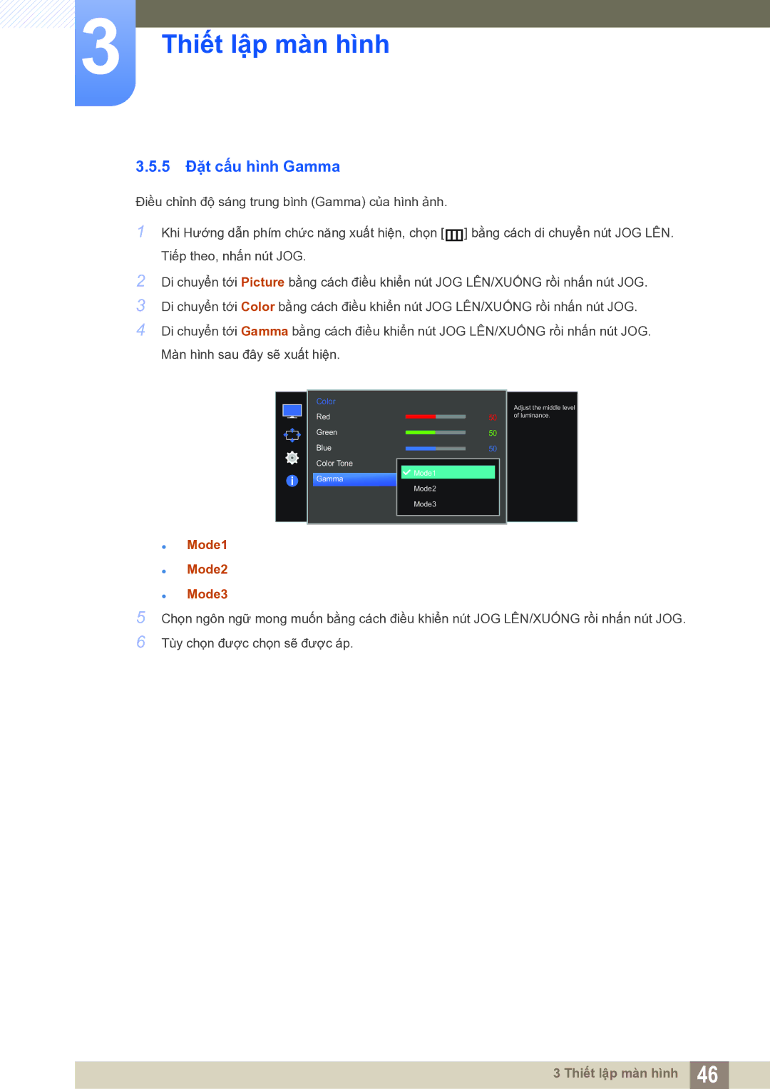 Samsung LS27E591CS/XV manual 5 Đặt cấu hình Gamma,  Mode1  Mode2  Mode3 