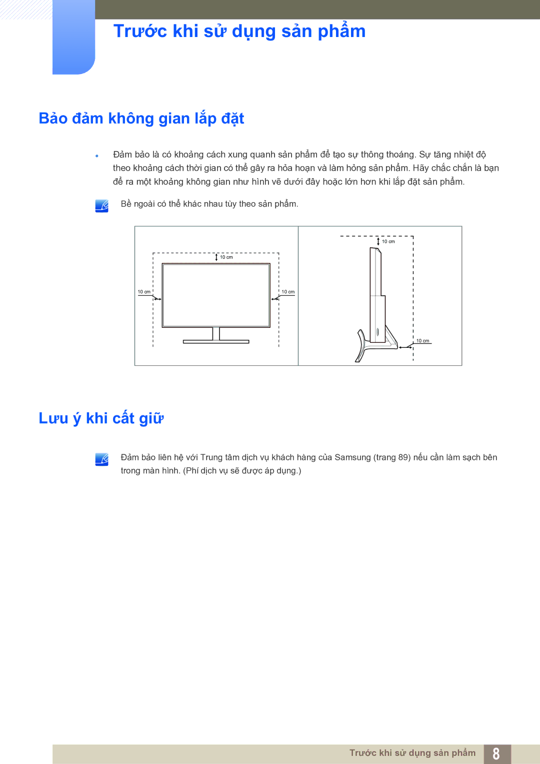 Samsung LS27E591CS/XV manual Bảo đảm không gian lắp đặt, Lưu ý khi cất giữ 