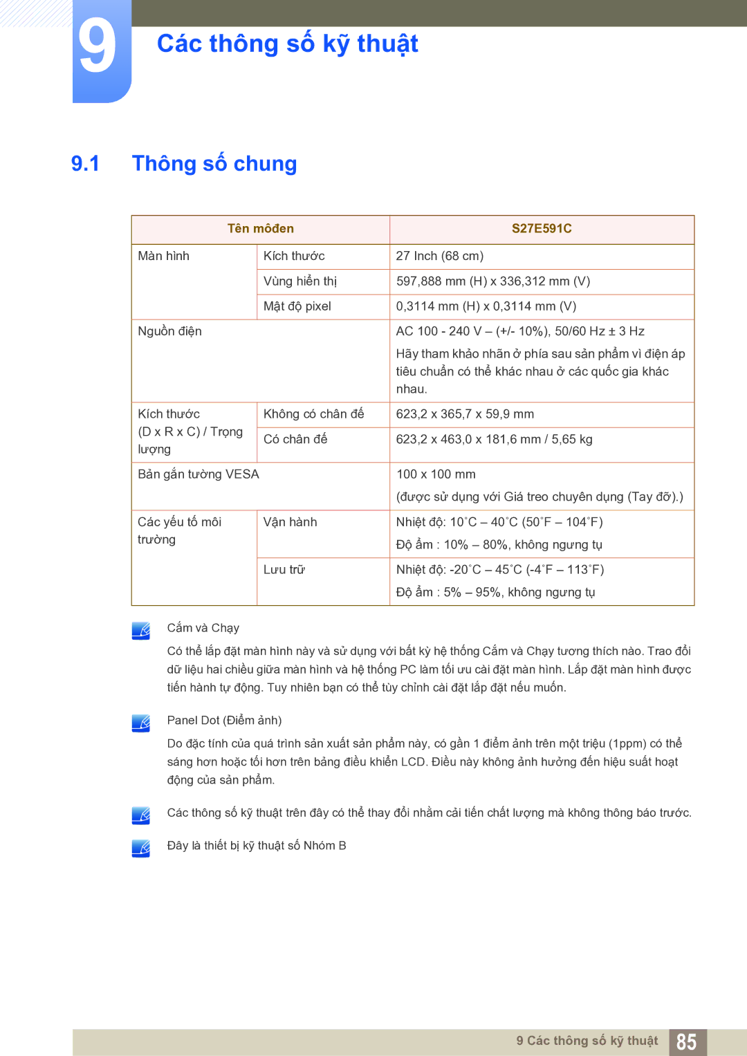 Samsung LS27E591CS/XV manual Các thông số kỹ thuật, Thông số chung 