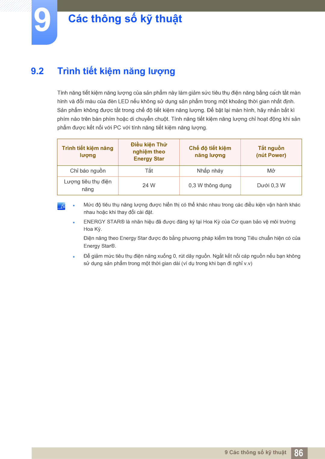 Samsung LS27E591CS/XV manual Trình tiết kiệm năng lượng, Lượng Năng lượng Nút Power Energy Star 