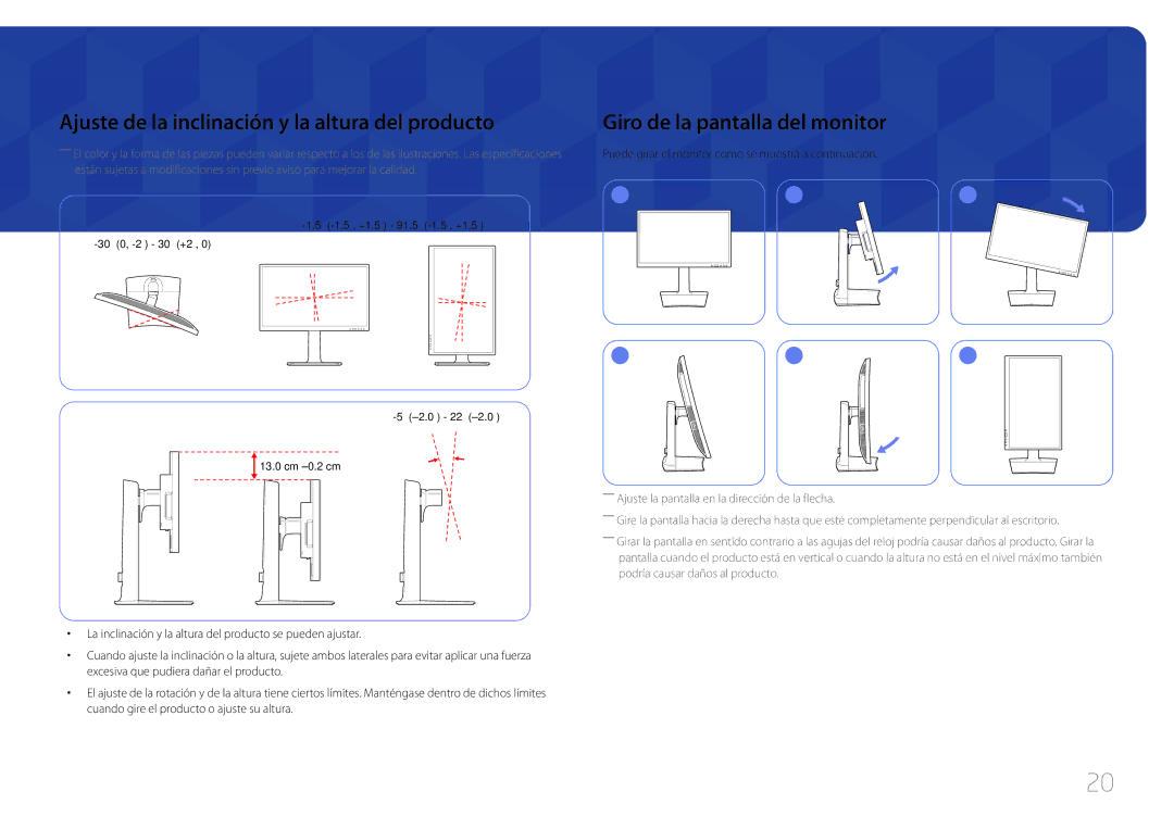 Samsung LS27E65KCS/EN, LS24E65UPL/EN Ajuste de la inclinación y la altura del producto, Giro de la pantalla del monitor 