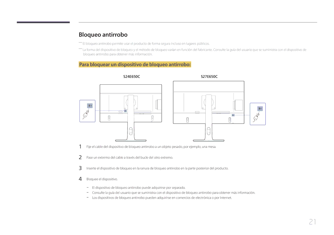 Samsung LS24E65UPL/EN, LS27E65KCS/EN, LS22E65UDSG/EN Bloqueo antirrobo, Para bloquear un dispositivo de bloqueo antirrobo 