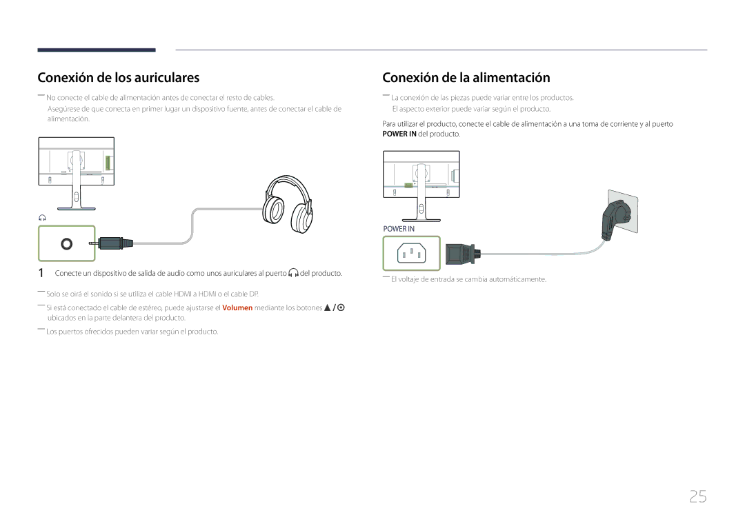 Samsung LS27E65KCS/EN, LS24E65UPL/EN, LS22E65UDSG/EN, LS22E65UDS/EN Conexión de los auriculares, Conexión de la alimentación 