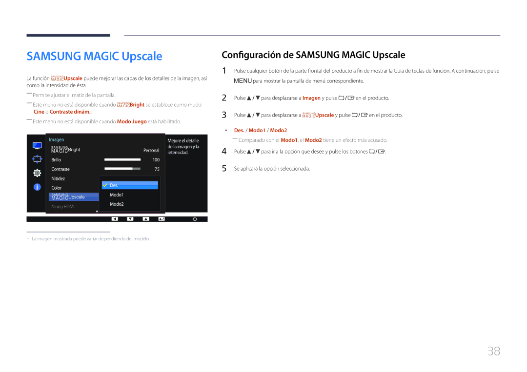 Samsung LS24E65UPLC/EN, LS27E65KCS/EN, LS24E65UPL/EN, LS22E65UDSG/EN manual Configuración de Samsung Magic Upscale 