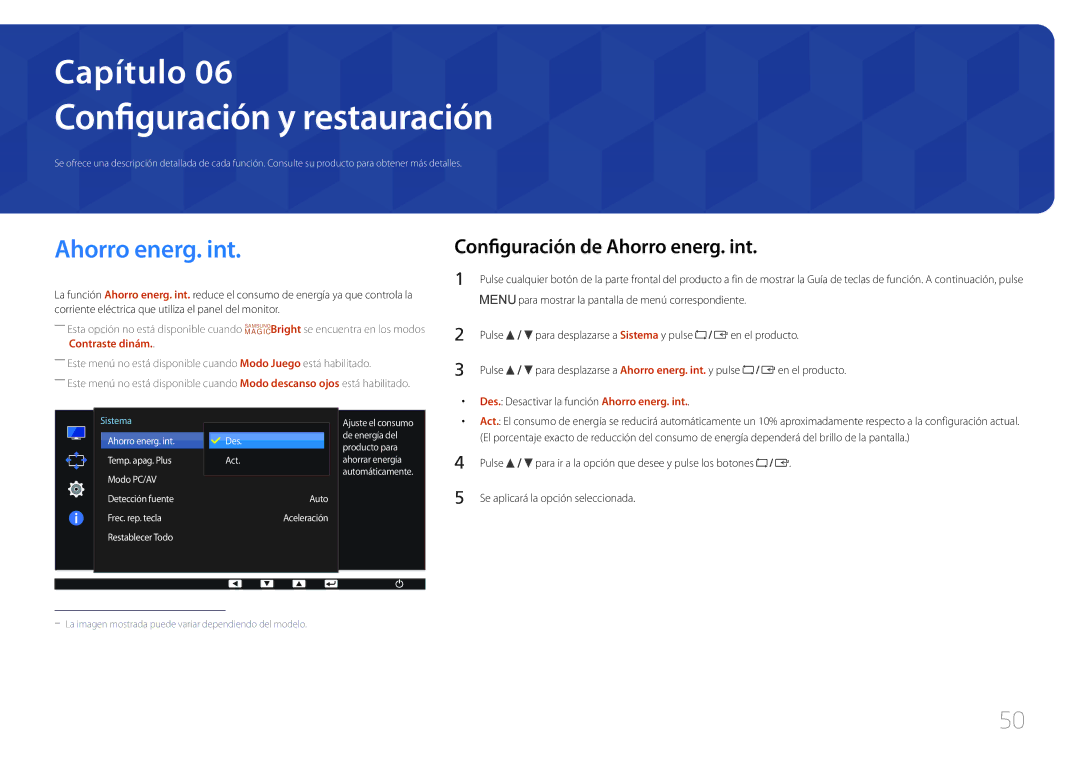 Samsung LS27E65KCS/EN, LS24E65UPL/EN, LS22E65UDSG/EN Configuración y restauración, Configuración de Ahorro energ. int 