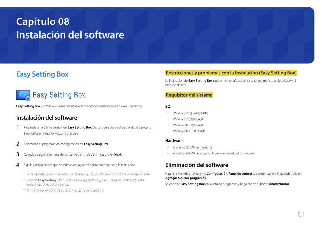 Samsung LS24E65UPL/EN manual Instalación del software, Easy Setting Box, Eliminación del software, Requisitos del sistema 