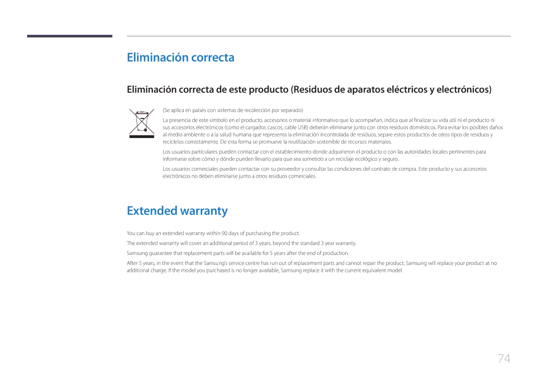 Samsung LS22E65UDS/EN, LS27E65KCS/EN, LS24E65UPL/EN, LS22E65UDSG/EN, LS24E65UPLC/EN Eliminación correcta, Extended warranty 