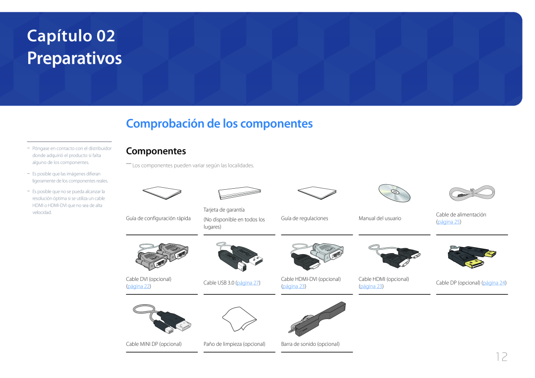 Samsung LS22E65UDSG/EN, LS27E65KCS/EN manual Preparativos, Comprobación de los componentes, Componentes, Capítulo, página 
