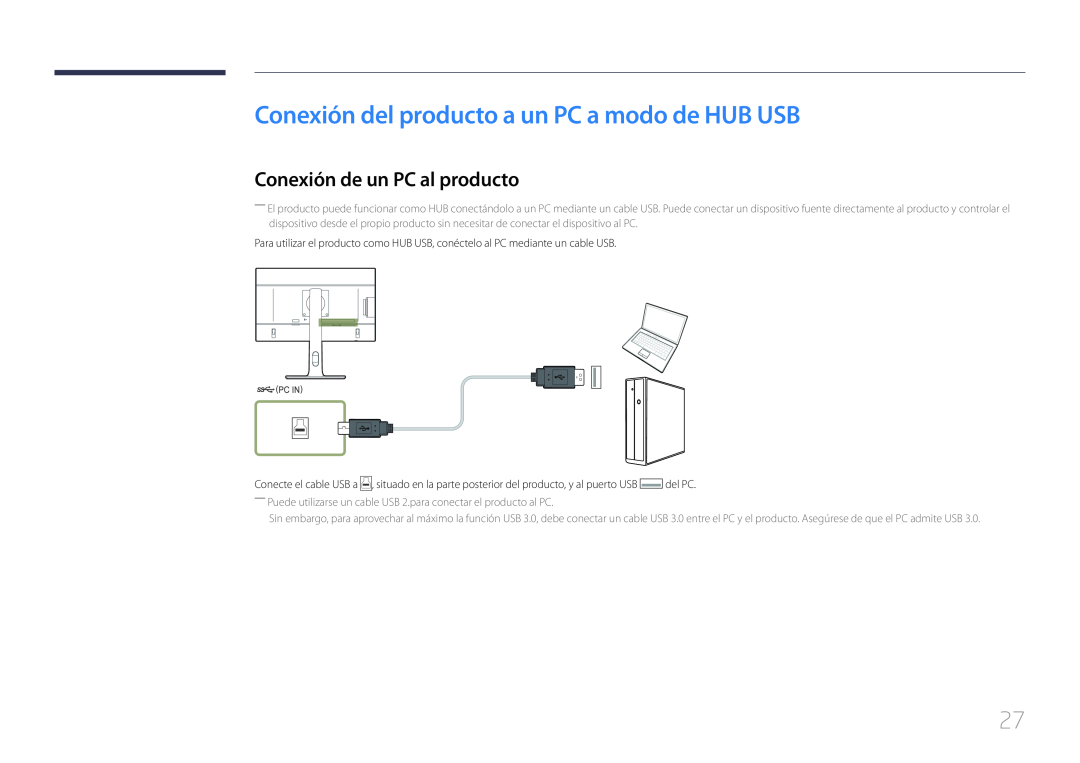 Samsung LS22E65UDSG/EN, LS27E65KCS/EN manual Conexión del producto a un PC a modo de HUB USB, Conexión de un PC al producto 