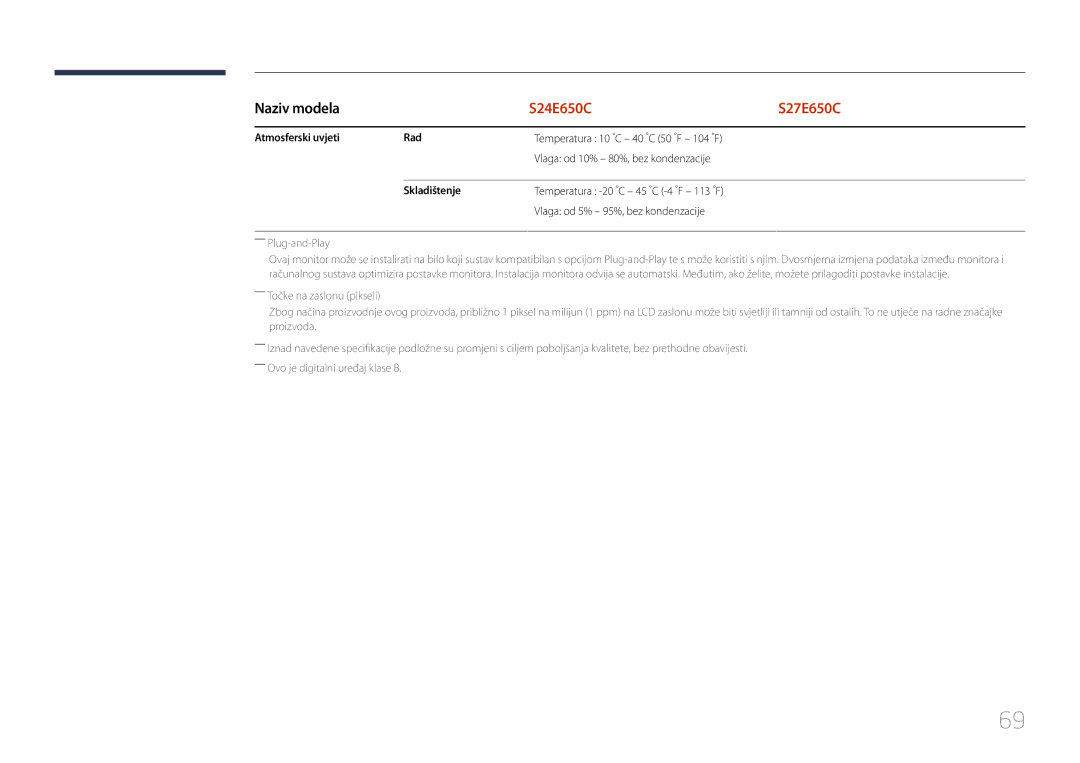 Samsung LS24E65UPL/EN, LS27E65KCS/EN manual Atmosferski uvjeti Rad, Temperatura 10 C 40 C 50 F 104 F, Skladištenje 