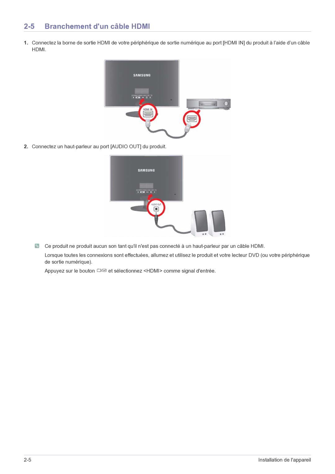 Samsung LS27EFHKUF/EN manual Branchement dun câble Hdmi 