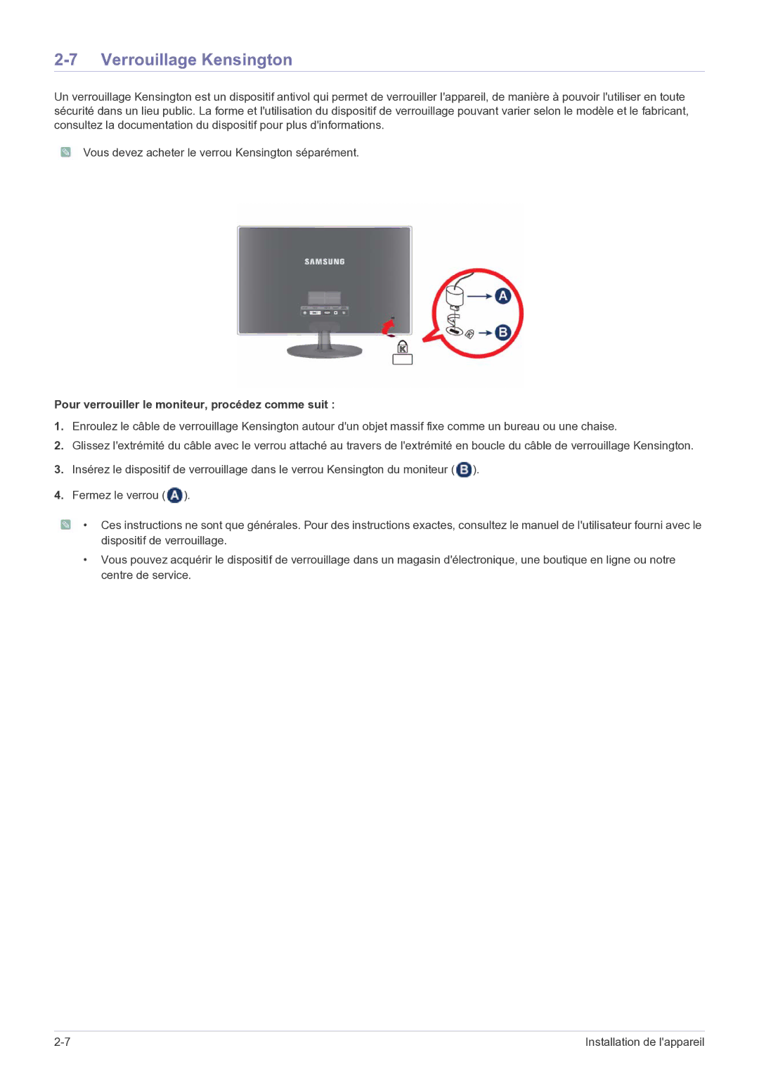 Samsung LS27EFHKUF/EN manual Verrouillage Kensington, Pour verrouiller le moniteur, procédez comme suit 