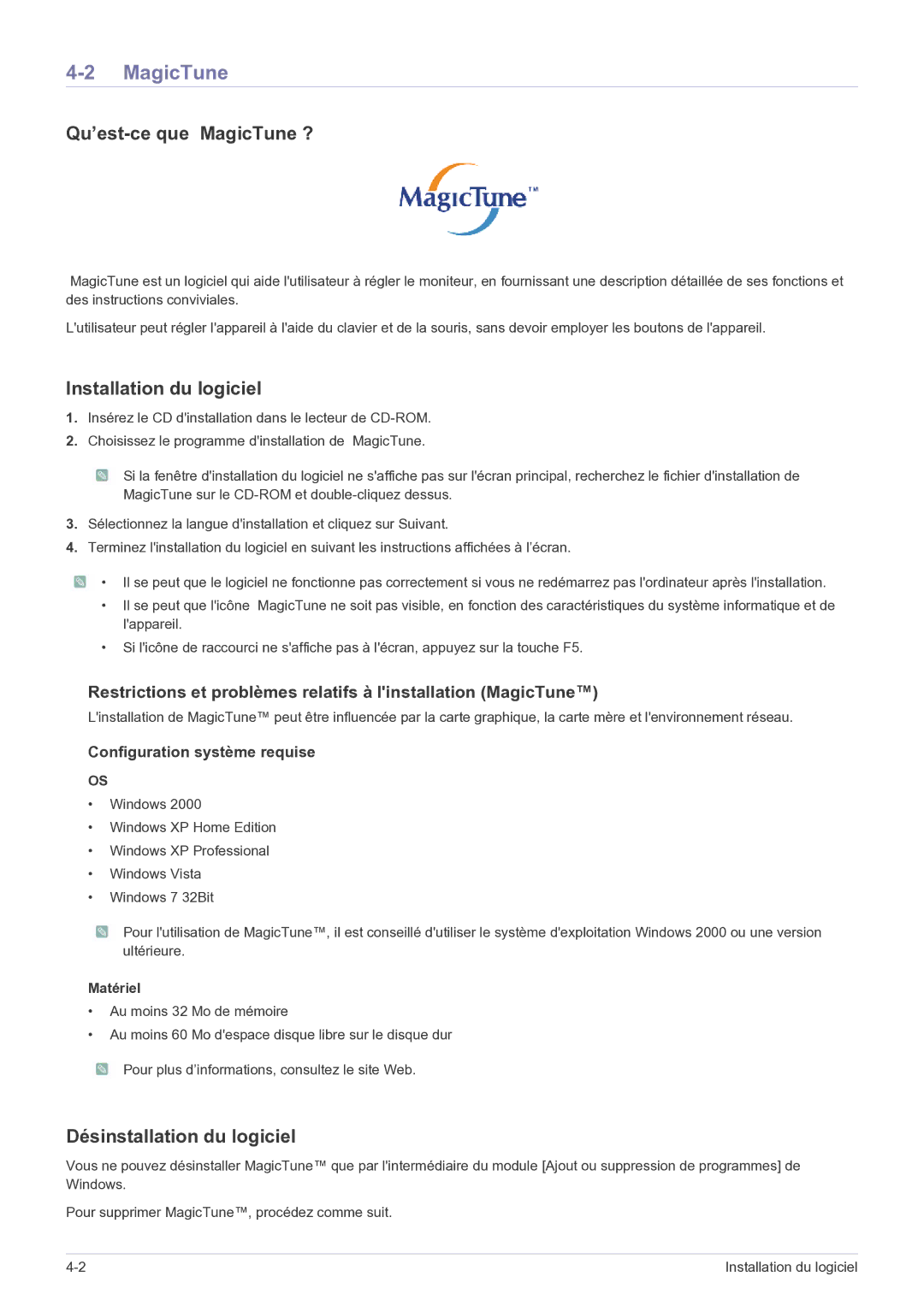 Samsung LS27EFHKUF/EN manual Qu’est-ce que MagicTune ?, Installation du logiciel, Désinstallation du logiciel, Matériel 