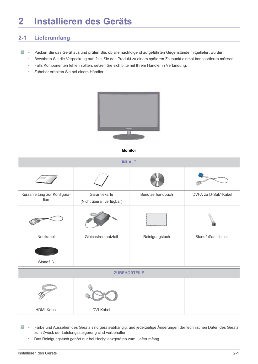 Samsung LS27EFHKUF/EN manual Installieren des Geräts, Lieferumfang, Inhalt, Zubehörteile 