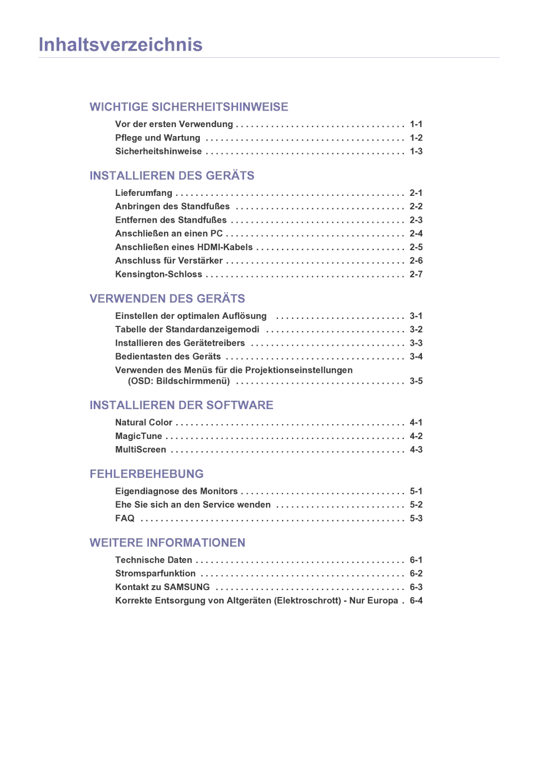 Samsung LS27EFHKUF/EN manual Inhaltsverzeichnis, OSD Bildschirmmenü 