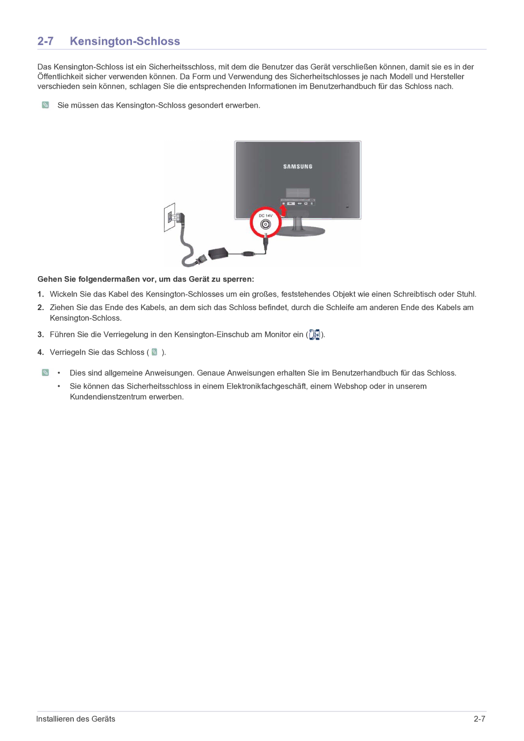 Samsung LS27EFHKUF/EN manual Kensington-Schloss, Gehen Sie folgendermaßen vor, um das Gerät zu sperren 