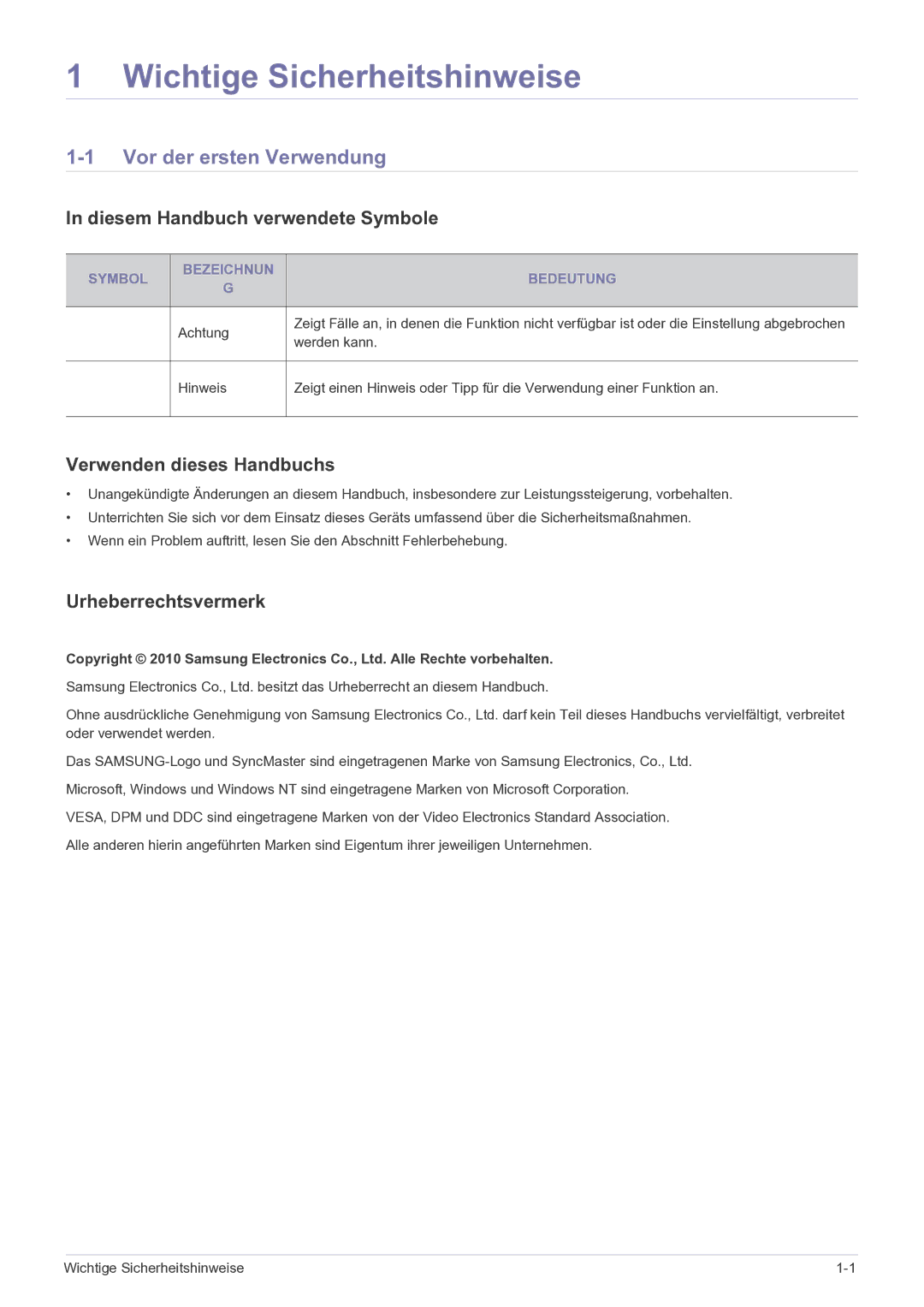 Samsung LS27EFHKUF/EN manual Wichtige Sicherheitshinweise, Vor der ersten Verwendung, Diesem Handbuch verwendete Symbole 