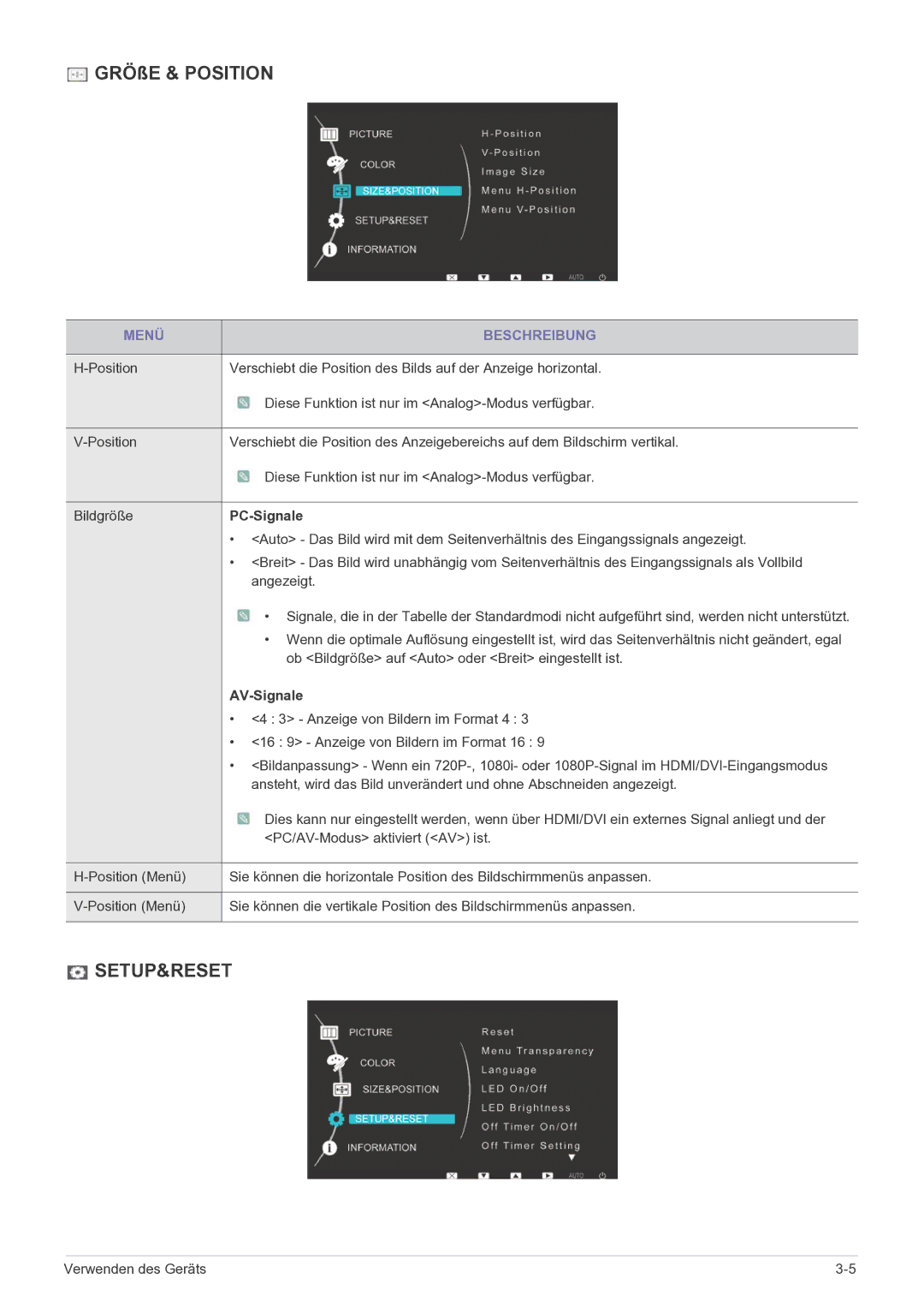 Samsung LS27EFHKUF/EN manual GRÖßE & Position, PC-Signale, AV-Signale 