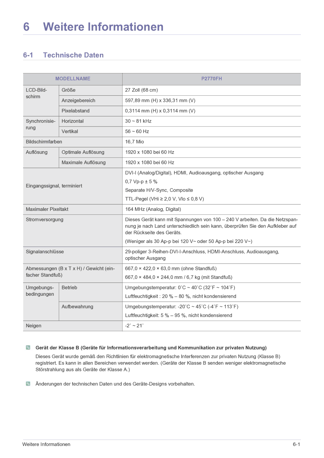 Samsung LS27EFHKUF/EN manual Weitere Informationen, Technische Daten, Modellname 