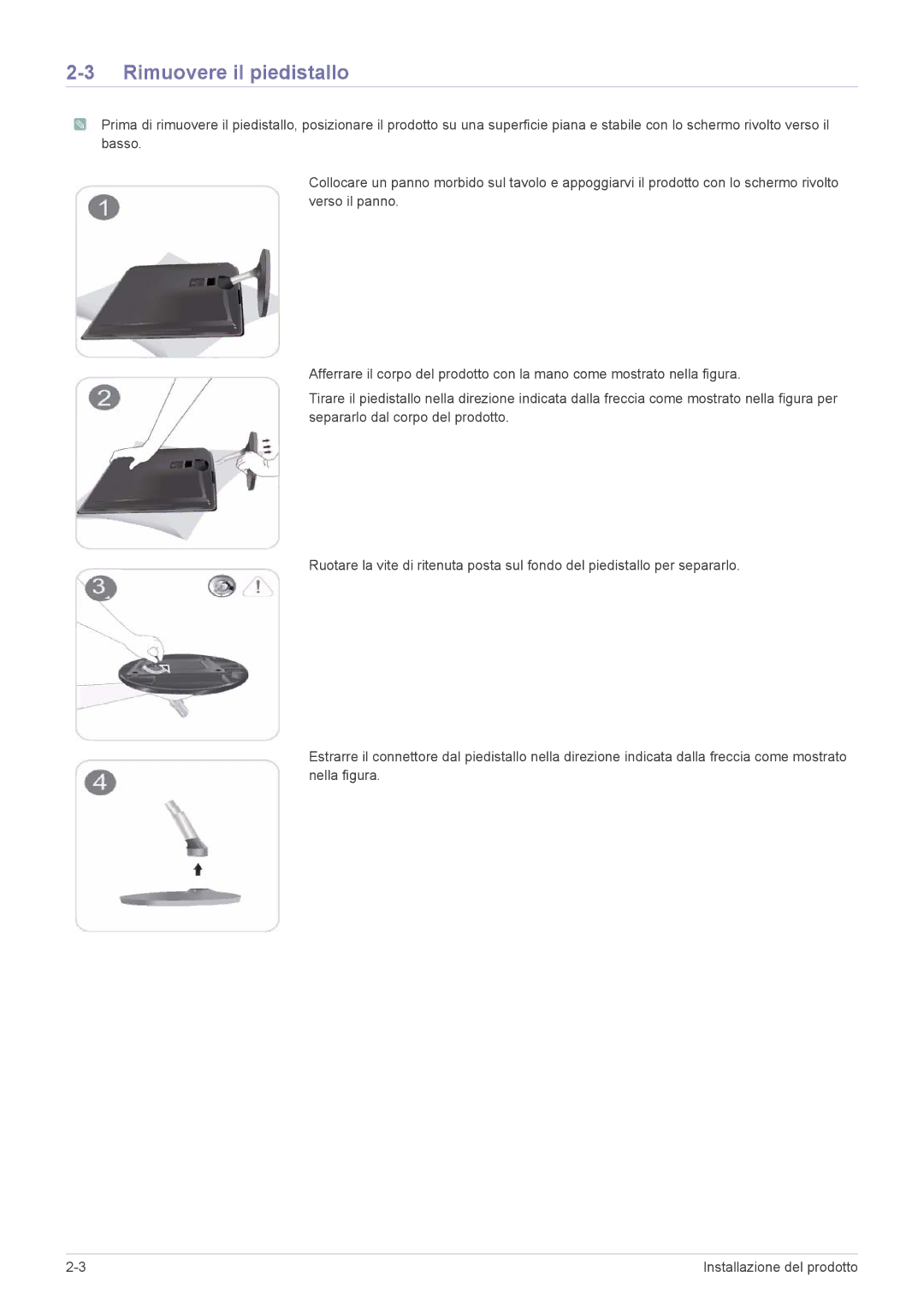 Samsung LS27EFHKUF/EN manual Rimuovere il piedistallo 