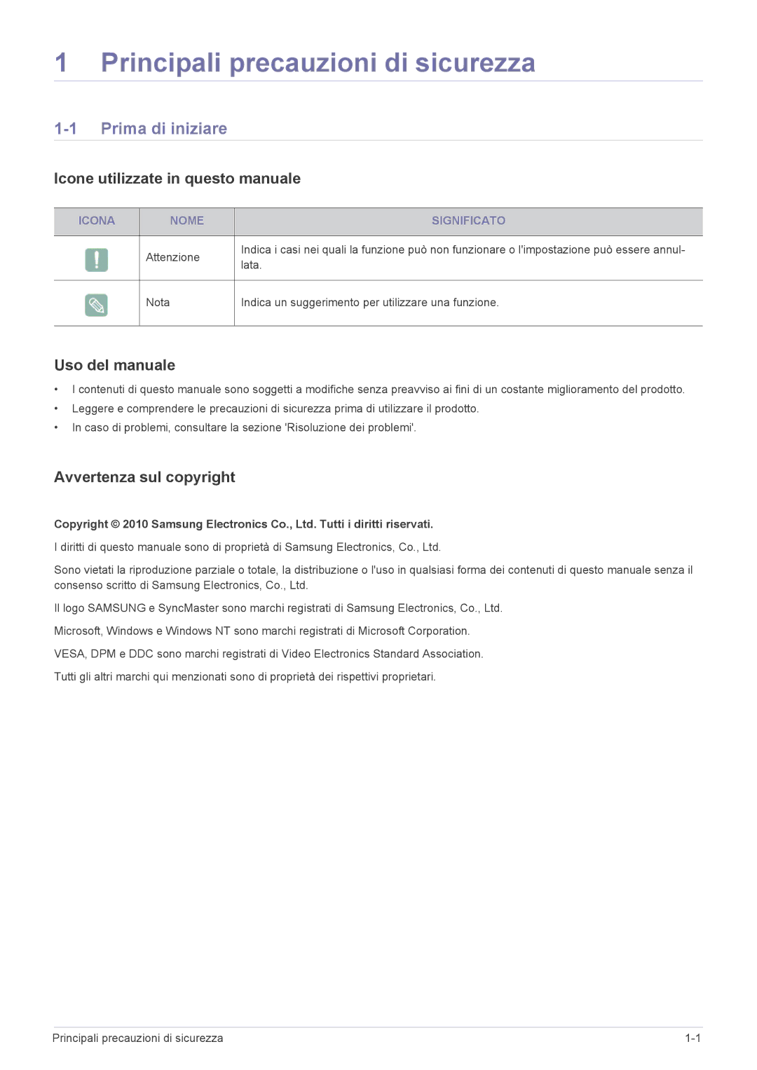 Samsung LS27EFHKUF/EN Principali precauzioni di sicurezza, Prima di iniziare, Icone utilizzate in questo manuale 