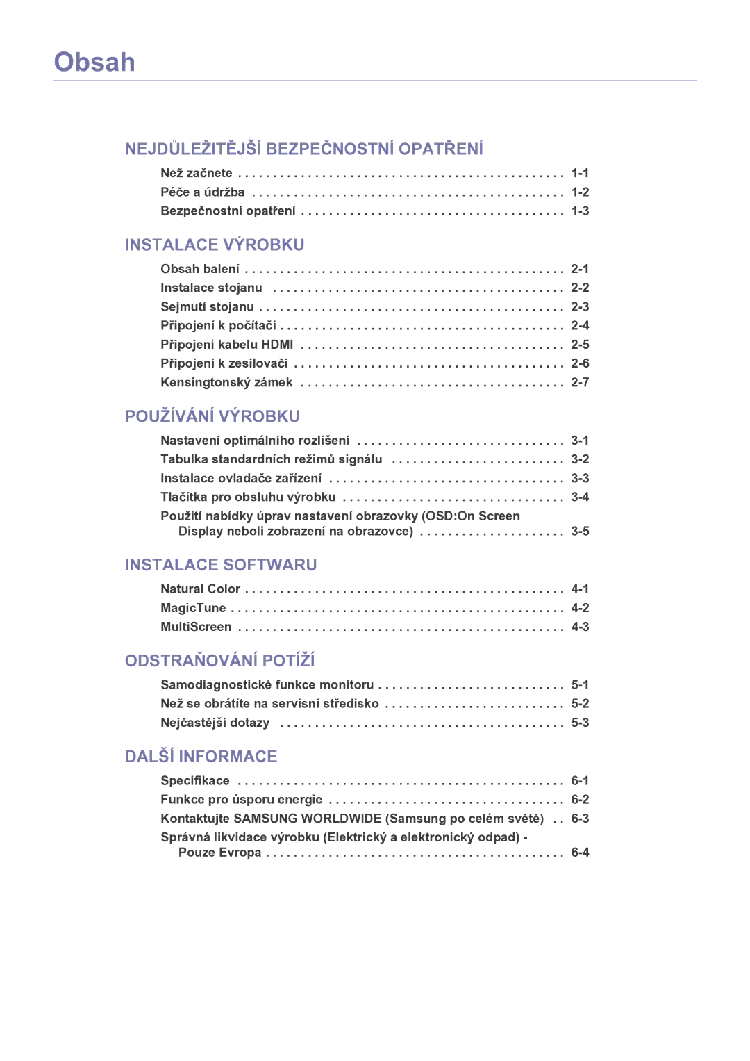 Samsung LS27EFHKUF/EN manual Obsah, Než začnete -1 Péče a údržba -2 Bezpečnostní opatření 