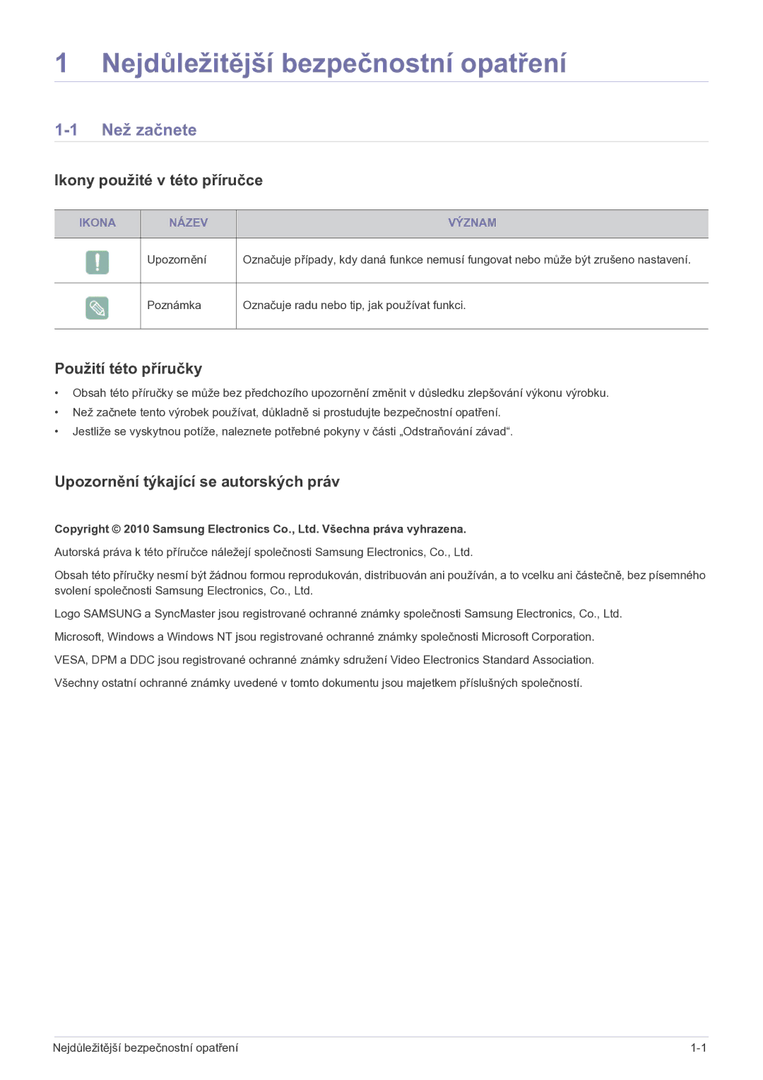 Samsung LS27EFHKUF/EN manual Nejdůležitější bezpečnostní opatření, Než začnete, Ikony použité v této příručce 