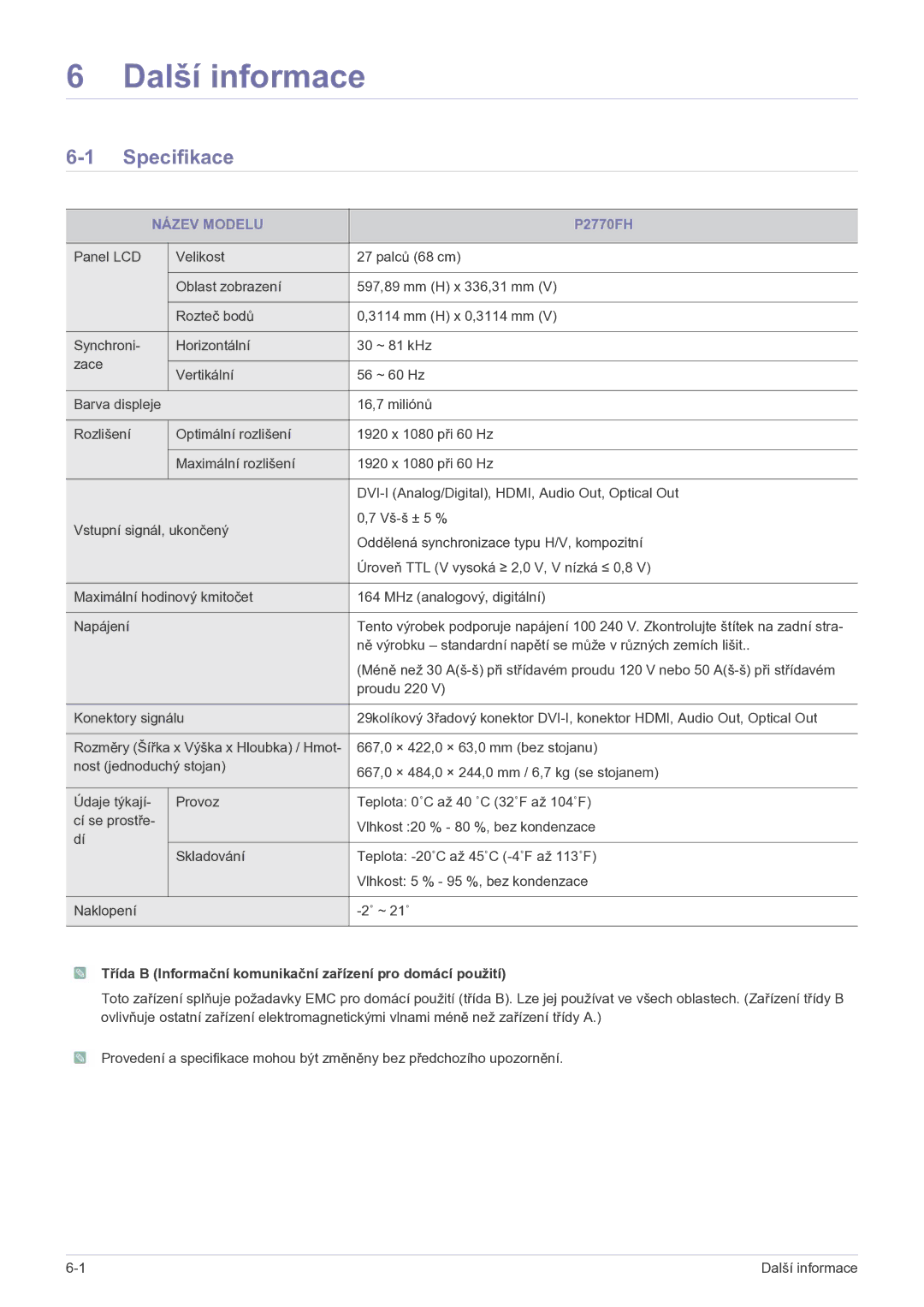 Samsung LS27EFHKUF/EN manual Další informace, Specifikace, Název Modelu 