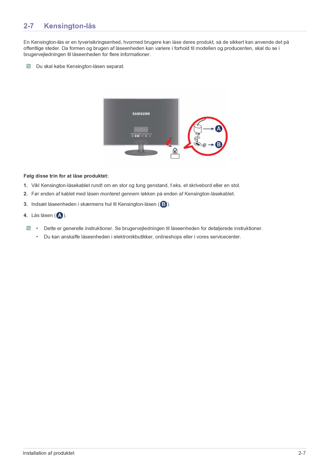 Samsung LS27EFHKUF/EN manual Kensington-lås, Følg disse trin for at låse produktet 