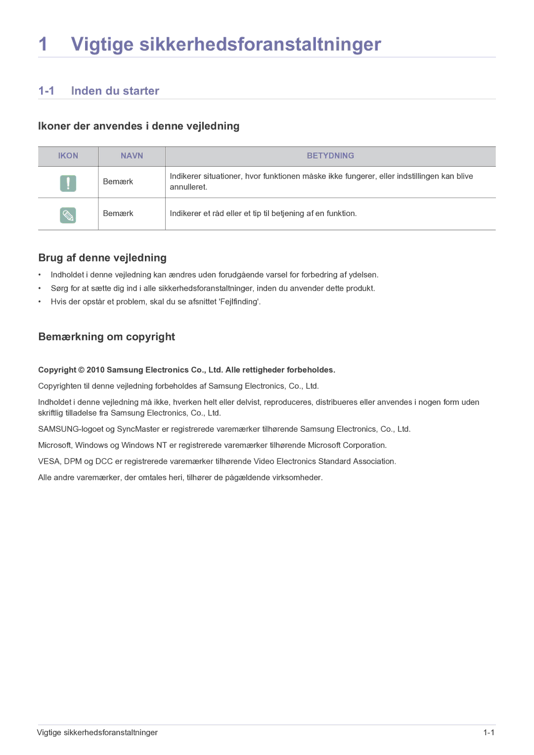 Samsung LS27EFHKUF/EN manual Vigtige sikkerhedsforanstaltninger, Inden du starter, Ikoner der anvendes i denne vejledning 