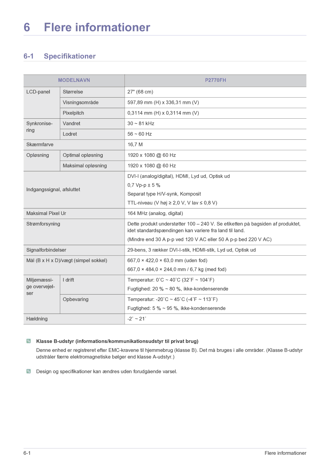 Samsung LS27EFHKUF/EN manual Flere informationer, Specifikationer, Modelnavn 