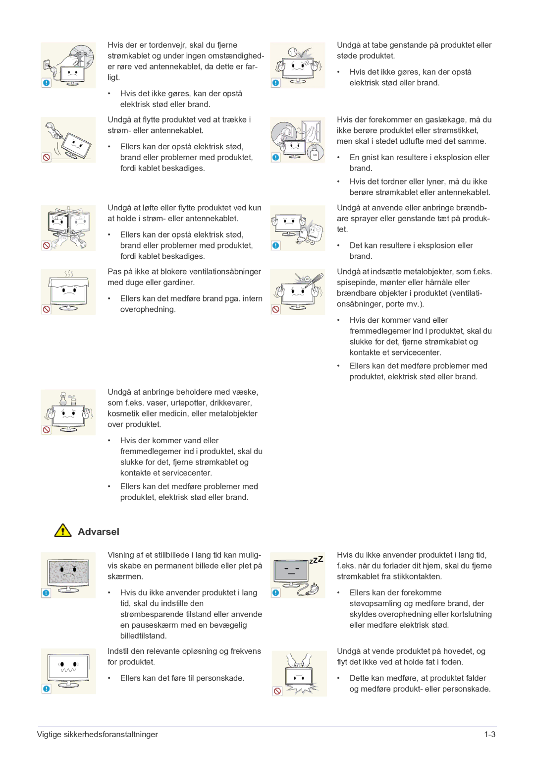 Samsung LS27EFHKUF/EN manual Vigtige sikkerhedsforanstaltninger 