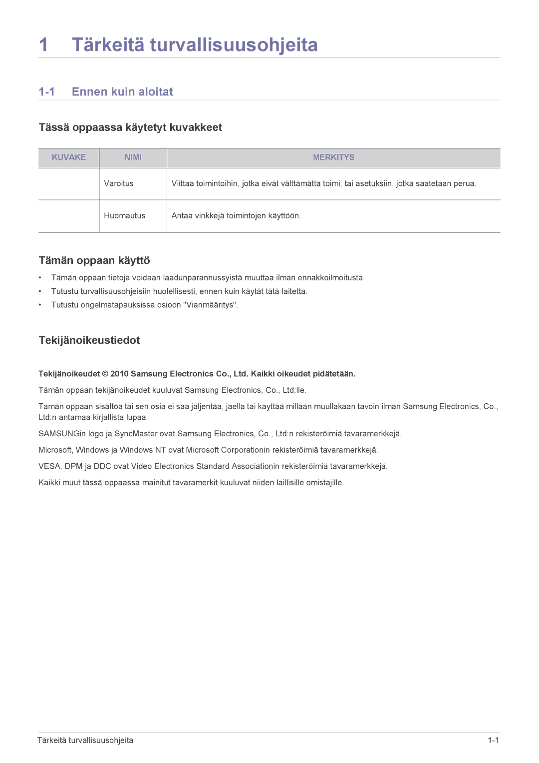 Samsung LS27EFHKUF/EN manual Tärkeitä turvallisuusohjeita, Ennen kuin aloitat, Tässä oppaassa käytetyt kuvakkeet 