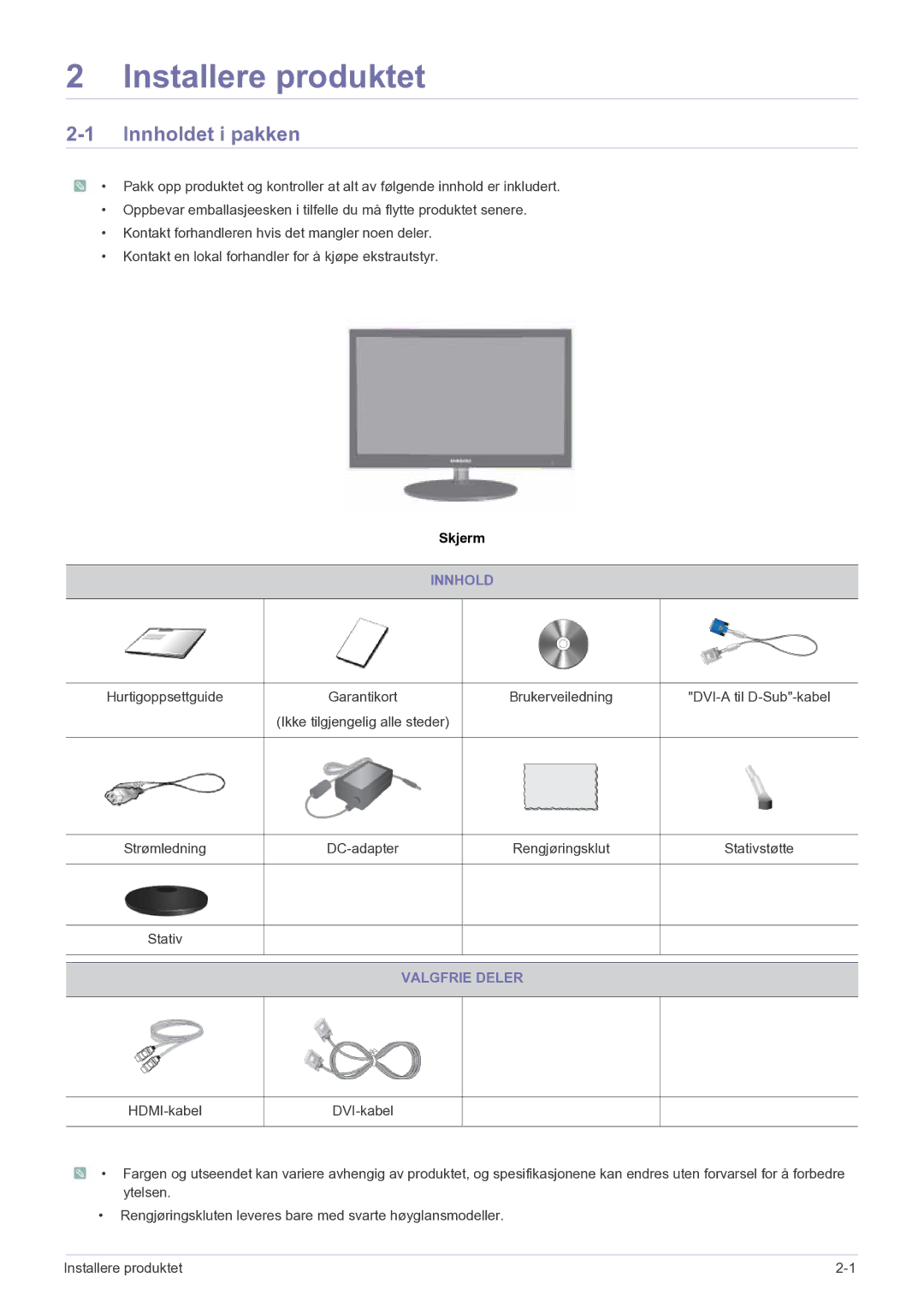 Samsung LS27EFHKUF/EN manual Installere produktet, Innholdet i pakken, Valgfrie Deler 