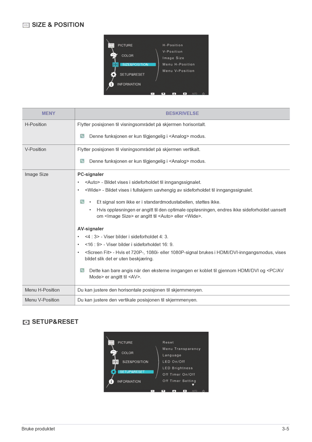 Samsung LS27EFHKUF/EN manual Position, PC-signaler, Auto Bildet vises i sideforholdet til inngangssignalet, AV-signaler 