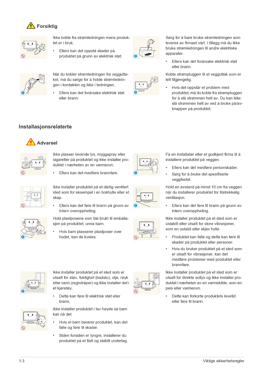 Samsung LS27EFHKUF/EN manual Installasjonsrelaterte, Forsiktig 