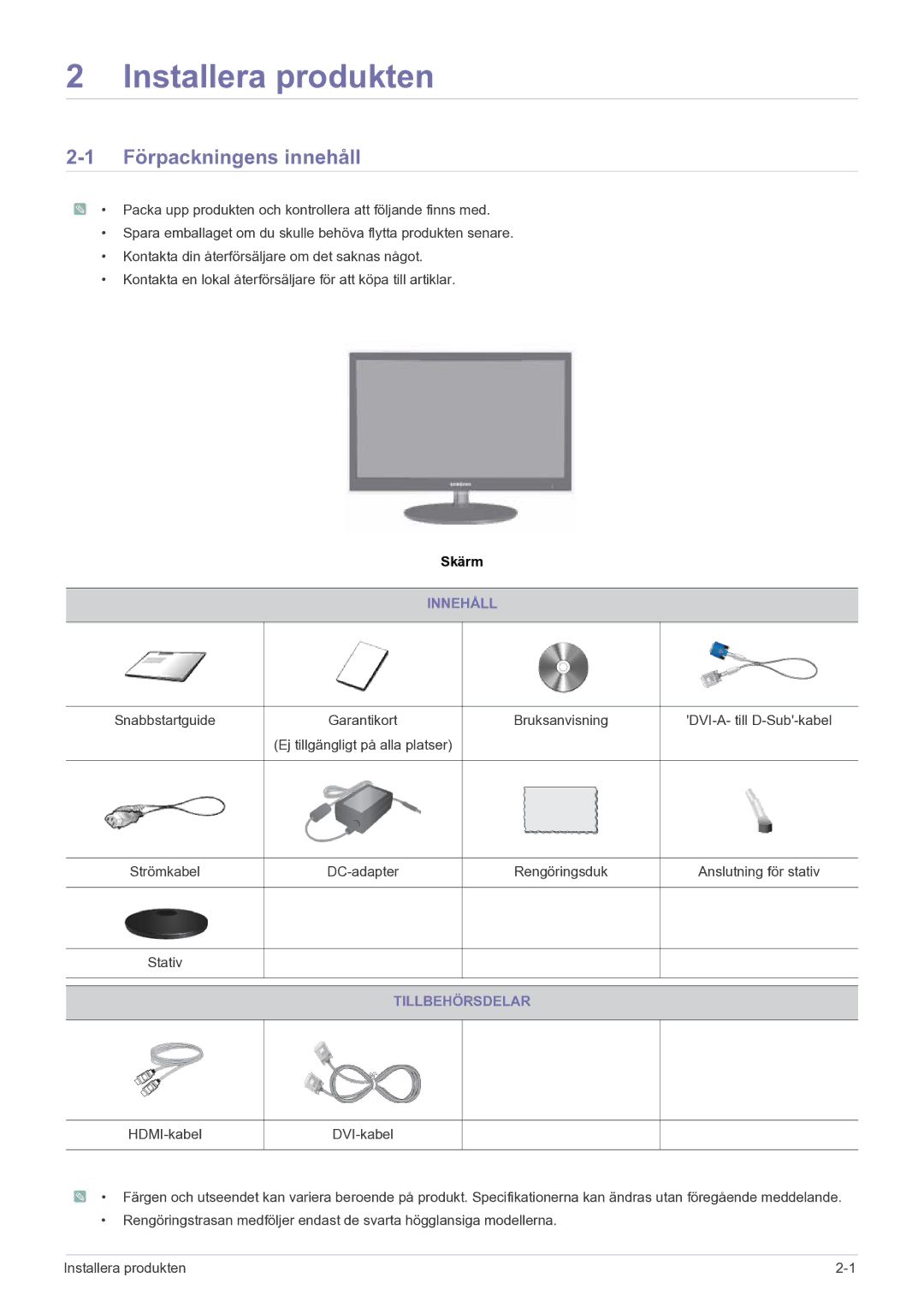 Samsung LS27EFHKUF/EN manual Installera produkten, Förpackningens innehåll, Innehåll, Tillbehörsdelar 