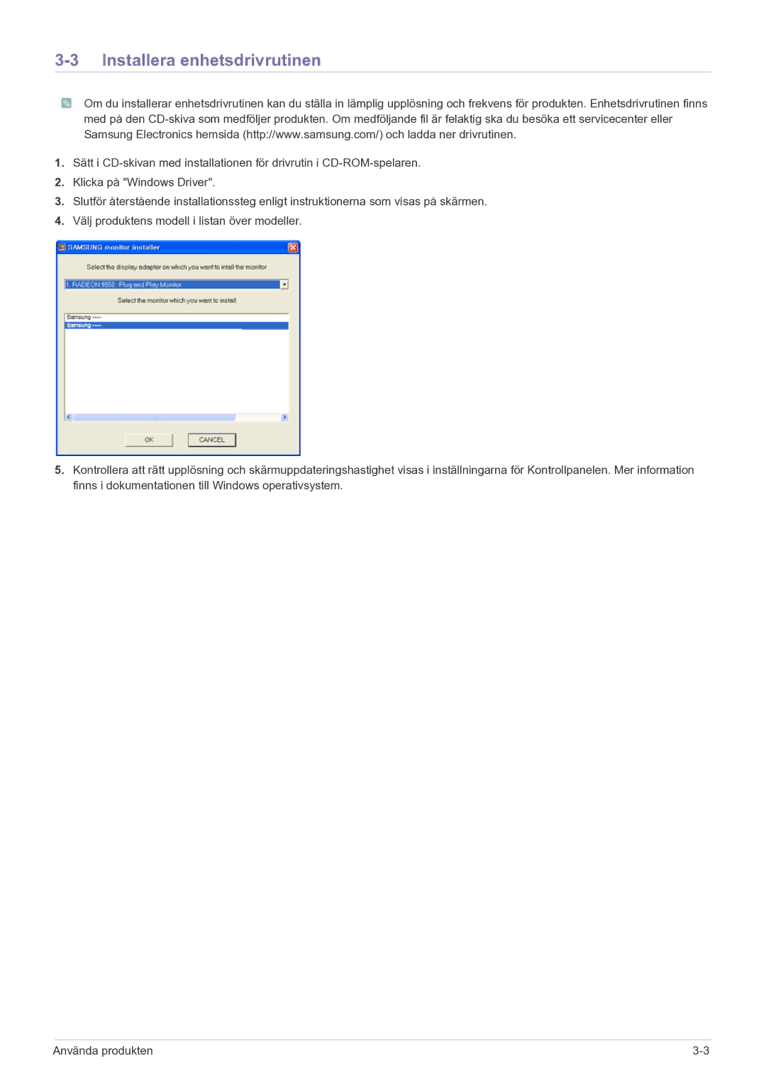 Samsung LS27EFHKUF/EN manual Installera enhetsdrivrutinen 